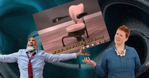 A confused Black man in a blue shirt and red tie, and a confused white woman in a blue shirt and pearl necklace, in front of an infomercial for the Hawaii Chair.